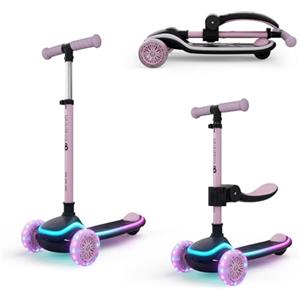 kk Kinderkraft Kinderkraft RAKET UP monopattino bambini 2 in 1 con seduta, pieghevole, luci LED e ruote RGB, manubrio regolabile 4 altezze, guida fluida, Rosa