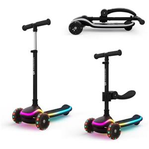 kk Kinderkraft Kinderkraft RAKET UP monopattino bambini 2 in 1 con seduta, pieghevole, luci LED e ruote RGB, manubrio regolabile 4 altezze, guida fluida, Nero
