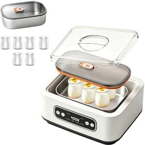 VETOLAKA Yogurtiera greca da 1,6 l, con 6 bicchieri, yogurt e formaggio fresco, timer, 3 programmi preimpostati, programmi per yogurt greco, formaggio