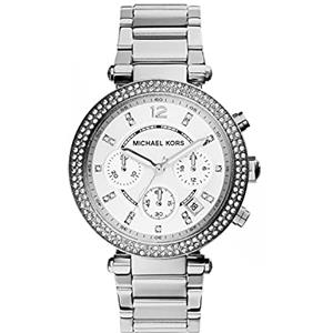 Michael Kors Orologio Parker per donna, Movimento cronografo al quarzo con cinturino in acciaio inossidabile o PVC, Tono argento e bianco