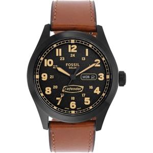 Fossil Orologio Defender da uomo, movimento solare, cassa in acciaio inossidabile nera da 46 mm con cinturino in pelle, FS5978, Marrone