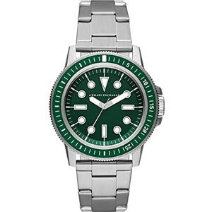 Armani Exchange Orologio da uomo, Movimento al quarzo a tre lancette e cassa da 42 mm con cinturino in acciaio, Tono argento e verde foresta