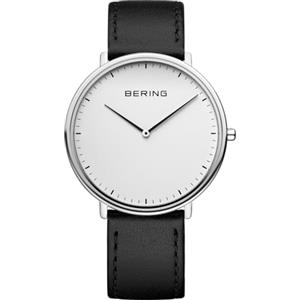 BERING 15739-404 Orologio unisex al quarzo, orologio da polso con cassa in acciaio inossidabile color argento da 39 mm, quadrante bianco, cinturino in pelle di vitello, vetro zaffiro, 3 ATM