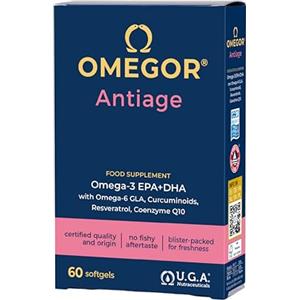 OMEGOR Antiage con Omega 3 e 6 - Integratore Pelle Antiossidante contro i Segni dell'Invecchiamento con Coenzima Q10, Resveratrolo, Alfa Lipoico e Curcuma (60 Capsule)