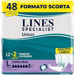 Lines Specialist Unisex Pannoloni a Mutandina Super Maxi, per Incontinenza Donna e Uomo, Asciutto Lampo e Ottima vestibilità, Zero Odore, Taglia L, 2 Confezioni da 14 Unità