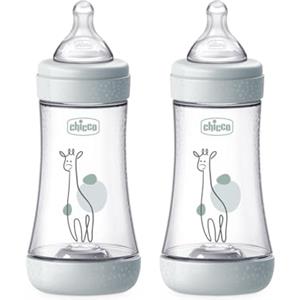 Chicco PERFECT 5, Doppio Biberon Anticolica da 240 ml, Biberon Flusso Medio da 2 Mesi + con Tettarella in Morbido Silicone, Biberon simil seno materno, Biberon anticolica per allattamento misto