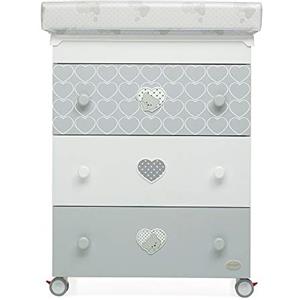 Foppapedretti Bagnetto Fasciatoio Lovely, Legno, Made in Italy, 3 Cassetti, Piano Fasciatoio Ribaltabile, Vaschetta Anatomica Estraibile, 4 ruote, Materissani Incluso, 69x50x131 cm, Bianco/Grigio