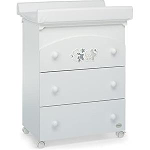 Foppapedretti Bagnetto Fasciatoio Piccoli Amici, Legno, Made in Italy, 3 Cassetti, Piano Fasciatoio Ribaltabile, Vaschetta Anatomica Estraibile, 4 ruote, Materissani Incluso, 69x47x89 cm, Bianco