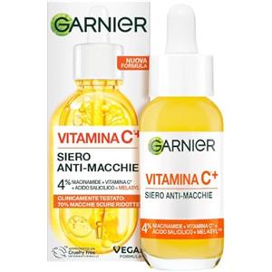 Garnier Siero Viso Vitamina C Anti-Macchie, Illuminante e Rimpolpante, Arricchito con Vitamina C, Niacinamide e Acido Salicilico, Pelle Libera dalle Macchie Scure in 6 Giorni, Incarnato Luminoso, 30ml