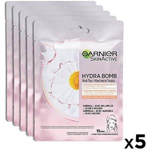 Garnier SkinActive, Maschera in tessuto super-idratante e lenitiva Hydra Bomb, Per pelli secche e sensibili, Camomilla, Confezione da 5