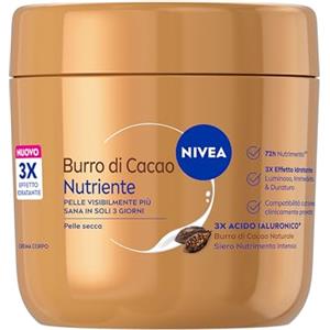 NIVEA Crema Corpo Burro di Cacao Nutriente 400 ml, Crema idratante corpo 72h, Con 3x Acido Ialuronico Puro e Burro di Cacao, Body lotion dalla texture ricca, Assorbimento rapido, Per pelle secca