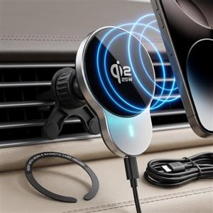 PORTENTUM Caricatore wireless auto Qi2.2 25W certificato nel 2026 - Raffreddamento attivo - Potenti magneti N52 - Supporto telefono auto con cavo USB-C 60W - Compatibile con MagSafe, iPhone e Qi