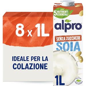 ALPRO SENZA ZUCCHERI, Bevanda alla SOIA, Naturalmente Senza Lattosio, con Vitamine B2, B12 e D2 - 8 confezioni x 1 Litro