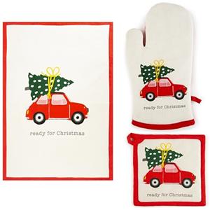 Excelsa Ready For Christmas Set 3 Pezzi Tessile Cucina, Guanto da Forno, Presina e Canovaccio, 100% Cotone, Imbottitura Poliestere