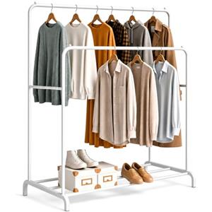 edihome, Stand Appendiabiti, Doppio, 113x21x5cm Vestitore, Appendiabiti da Terra, Resistente, Metallico, con Supporto per Scarpe (Bianco)