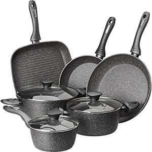 Tognana Mythos, Batteria di pentole e padelle, 9 pezzi con 3 casseruole, 2 padelle, 1 grill, 3 coperchi, Alluminio, Grigio