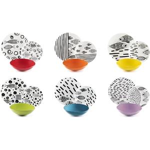 Excelsa Black Fishes Servizio Piatti 18 Pezzi, Porcellana e Stoneware, Decoro Multicolore, 6 Persone