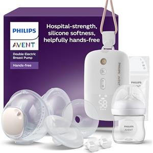 AVENT Philips Avent tiralatte elettrico doppio a mani libere, con motore di qualità ospedaliera, che imita il ritmo di suzione del bambino, estrazione fino a 85 volte al min, 2 vasetti, SCF547/11