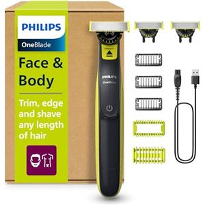 Philips OneBlade 360 Autentico Regolabarba Elettrico per Viso e Corpo, Rasoio e Spazzola, 3x 360 Lame, 3x Pettine per Barba (1,3,5 mm), 1x Kit per il Corpo, QP2824/31