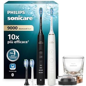 Philips Sonicare DiamondClean 9000 spazzolino elettrico, confezione doppia, spazzolino sonico con app, sensore di pressione, 4 modalità di pulizia, bicchiere di ricarica, nero e oro rosa, HX9914/61