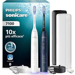 Philips Sonicare 7100, spazzolino elettrico sonico con app, 4 modalità di spazzolamento e 3 livelli di intensità, SmarTimer, bianco e blu navy, confezione da 2, HX7429/01 [Nuova tecnologia]