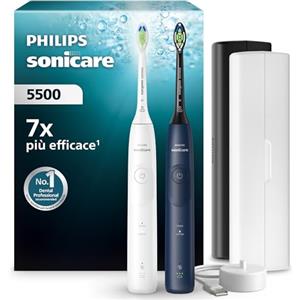 Philips Sonicare 5500, spazzolino elettrico sonico con 2 modalità, avviso di pressione, EasyStart, Smartimer e BrushPacer, bianco e blu navy, confezione da 2, modello HX7119/01 [Nuova tecnologia]