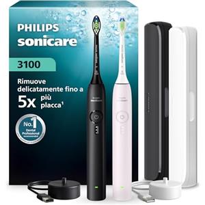Philips Sonicare Serie 3100 - Spazzolino elettrico sonico, Sensore di pressione, 3 intensità, EasyStart, SmarTimer, autonomia 14 giorni, custodia, nero e rosa, confezione da 2, HX4072/42, [Nuovo]