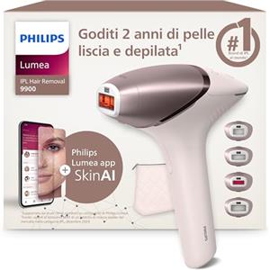 Philips Lumea Series 9900, dispositivo di epilazione IPL con tecnologie SenseIQ e SkinAI, 4 accessori per viso, corpo, ascelle e zona bikini, con filo e senza filo, modello BRI951/00