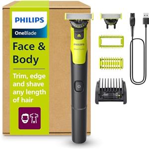 Philips OneBlade 360 Face + Body, Autentico regolabarba elettrico, rasoio e spazzola con tecnologia a 360, 1x lame 360, 1x pettine regolabile 5 in 1, 1x kit per il corpo, (modello QP4631/30)