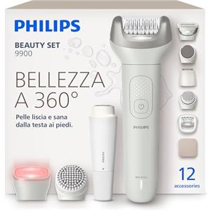 Philips Beauty Set - Kit tutto in uno corpo, viso, bikini, piedi, senza fili, su pelle asciutta o bagnata, depilazione, cura del corpo e della pelle, epilatore con 12 accessori, modello BRE749/00