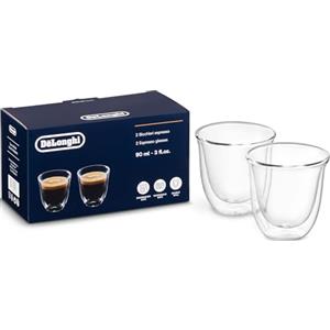 De'Longhi DLSC310, Bicchieri Espresso di Vetro a Doppia Parete, Vetro Borosilicato ritenzione del calore, Trasparente, Set di 2 pezzi x 90 ml