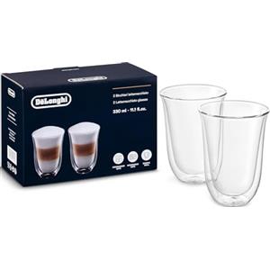 De'Longhi Bicchieri Cappuccino, Tazze di Vetro per Latte Macchiato, Vetro Borosilicato ritenzione del calore, Capacità 220ml, Set di 2, DLSC312, Trasparente