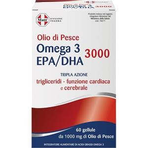 Matt, Olio di Pesce Omega 3 EPA/DHA 3000, Integratore Alimentare Utile per la Funzione Cardiaca e Celebrale, Confezione da 60 Gellule