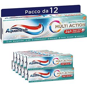 Aquafresh Dentifricio Multi Action, Protezione Carie, Gengive Sane, Alito Fresco, Smalto Forte, Contro Placca e Macchie, Extra Fresh Pacco da 12x75ml