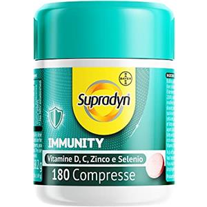 Supradyn Difese Immunity, Vitamine C D, Zinco, Sistema Immunitario, 180 cpr | Vitamina C 200 mg, Selenio, Estratto Sambuco e Zenzero, Difese Immunitarie Adulti, Vegano, 1 al Giorno, Scorta 6 Mesi