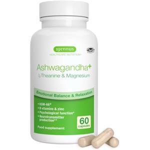 Igennus Healthcare Nutrition Igennus Ashwagandha KSM-66 Complex 600mg con L-Teanina e Magnesio, Vegano