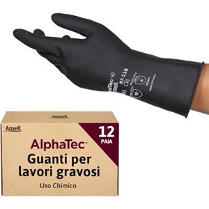 Ansell AlphaTec 87-118 Guanti di Protezione Chimica in Lattice, Elevata Resistenza alle Sostanze Chimiche, Impermeabili e Riutilizzabili, Floccatura in Cotone, Nero, Taglia L (12 Paia)