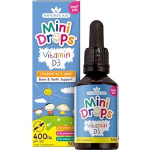 Natures Aid Mini Drops Vitamina D3 50ml per Neonati e Bambini, Supporto per Ossa, Denti e Sistema Immunitario, Senza Zucchero, Vegano, Senza Glutine, Sostegno alla Crescita per Bambini da 0 a 5 Anni