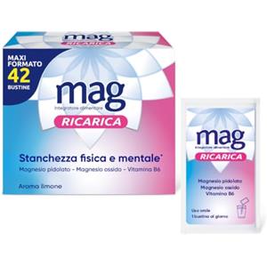 Mag Ricarica - Integratori per Adulti con Magnesio Pidolato, Magnesio Ossido, Vitamina B6 per Stanchezza Fisica e Mentale - Senza Glutine, Senza Lattosio (MaxiFormato 42 Bustine Aroma Limone)