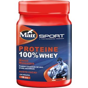 Matt Sport, Integratore Alimentare Proteine 100% Whey, Ideale da Assumere Prima e Dopo l'Attività Sportiva per Mantenere e Aumentare la Massa Muscolare, con Dosatore, Gusto Cacao, 15 Dosi