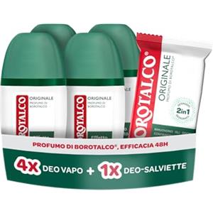 Borotalco, Kit con 4 Deodoranti Vapo e Deo-Salviette, con Talco Vegetale e Molecole Anti‑Odore, Azione Detergente e Deodorante, Durata 48h, Senza Alcol, 4x75 ml, 12 Salviette - Esclusiva Amazon