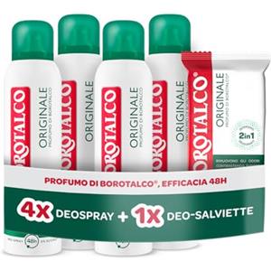 Borotalco, Kit con 4 Deodoranti Spray e Deo-Salviette, con Talco Vegetale e Molecole Anti‑Odore, Azione Deodorante e Detergente, Durata 48h, Senza Alcol, 4x150 ml, 12 Salviette - Esclusiva Amazon