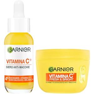Garnier Routine Anti-Macchie: Siero Vitamina C Viso Potenziato con Niacinamide e Melasyl 30ml e Fresh & Bright Sorbetto Vitamina C Crema Viso Idratante Ultra Leggera 85ml