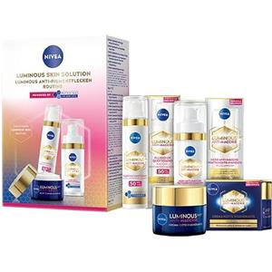 NIVEA Luminous630 Skin Solution, Skincare Kit completo con Siero Viso Anti-Macchie Trattamento Avanzato 30 ml, Fluido UV Quotidiano Crema viso SPF 50 40 ml e Crema Notte Rigenerante 50 ml