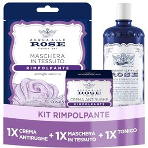 Acqua alle Rose, Tonico + Crema Viso Rimpolpante + Maschera Rimpolpante | Formula Senza Alcool con Estratti di Nobili e Rosa Nera con Acido Ialuronico Vegetale, Tonifica, Rimpolpa e Distende le Rughe