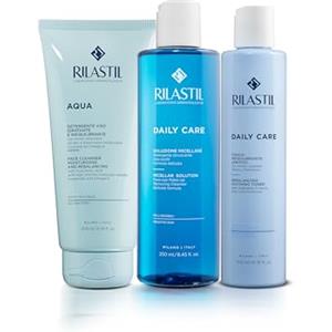 Rilastil, routine detersione con Aqua Detergente, Daily Care Tonico, Daily Care Acqua Micellare