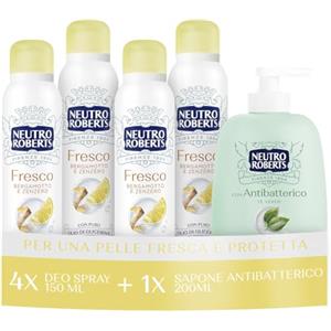 Neutro Roberts, Deodorante Spray Fresco 4x150ml, Sapone Antibatterico 200ml