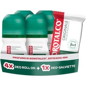 Borotalco, Kit con 4 Deodoranti Roll On e Deo-Salviette, con Talco Vegetale e Molecole Anti‑Odore, Azione Detergente e Deodorante, Durata 48h, Senza Alcol, 4x150 ml, 12 Salviette - Esclusiva Amazon