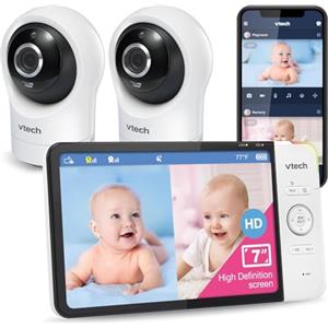VTech baby monitor smart Wi-Fi con 2 telecamere, schermo HD a colori da 7", videocamera FHD 1080p, app gratuita, controlli panoramica, inclinazione e zoom, ninne nanne, suoni rilassanti: RM7764-2HD