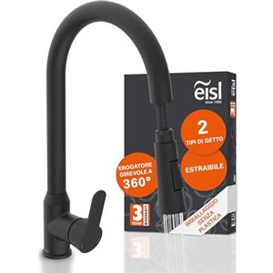 EISL Rubinetto da cucina EISL Adria, miscelatore per lavello nero ruotabile a 360°, miscelatore da cucina nero con bocca alta, rubinetto da cucina con due modalità di erogazione, NI183ADRB